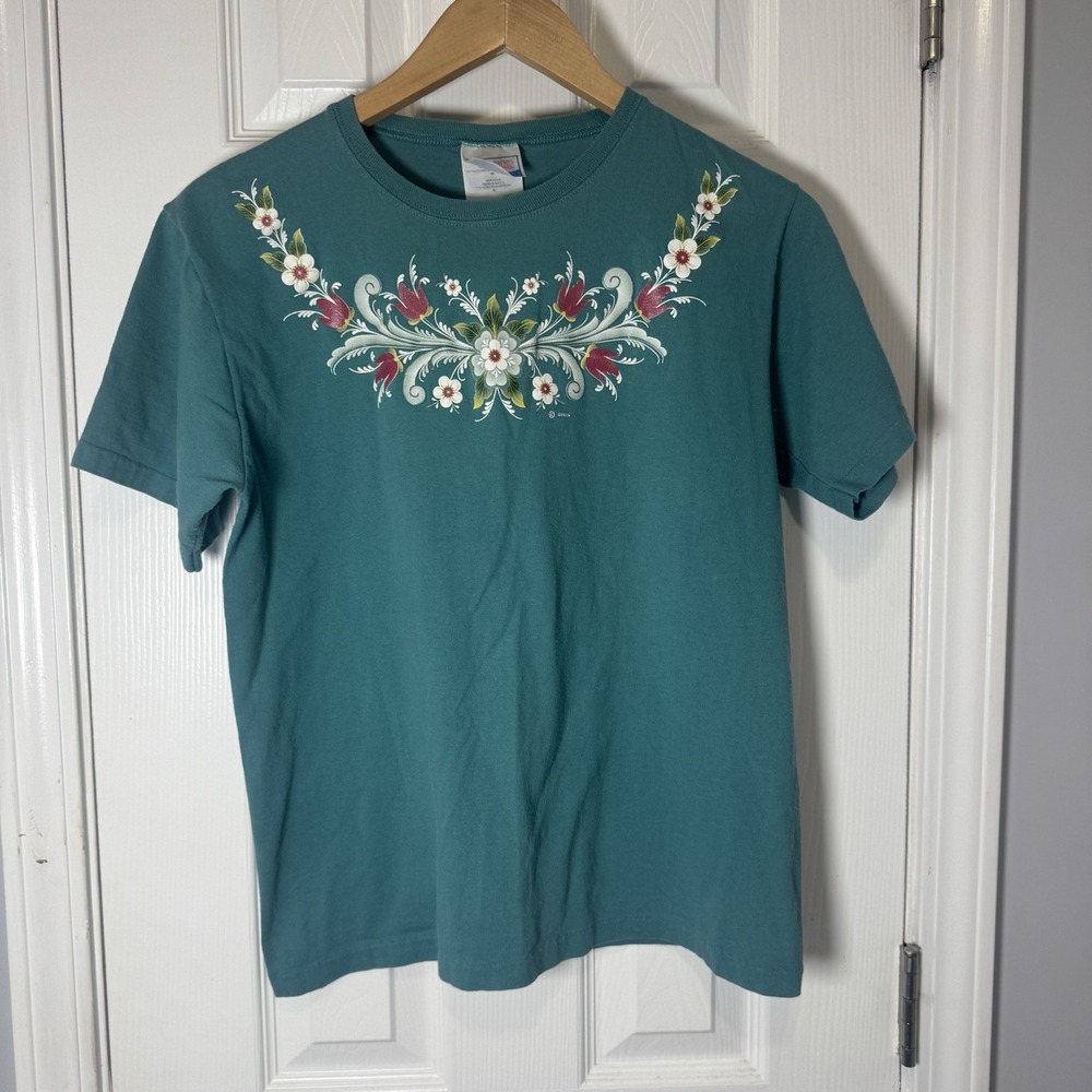 Vtg Floral Hanes Art T Shirt Sz M Single Stitch USA Cottagecore Grandma 90s